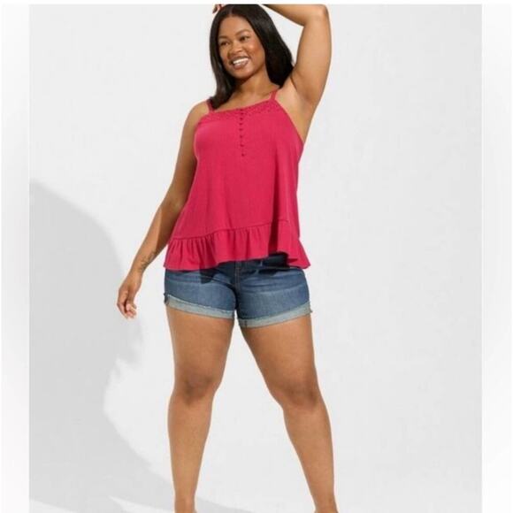 Torrid Cherries Jubilee Texture Knit Woven Eyelet Square Neck Swing Tank - Picture 6 of 8